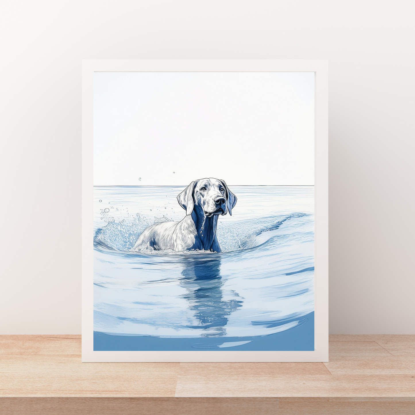 Weimaraner Swimming in Calm Ocean Water - Coastal Dog Art Print