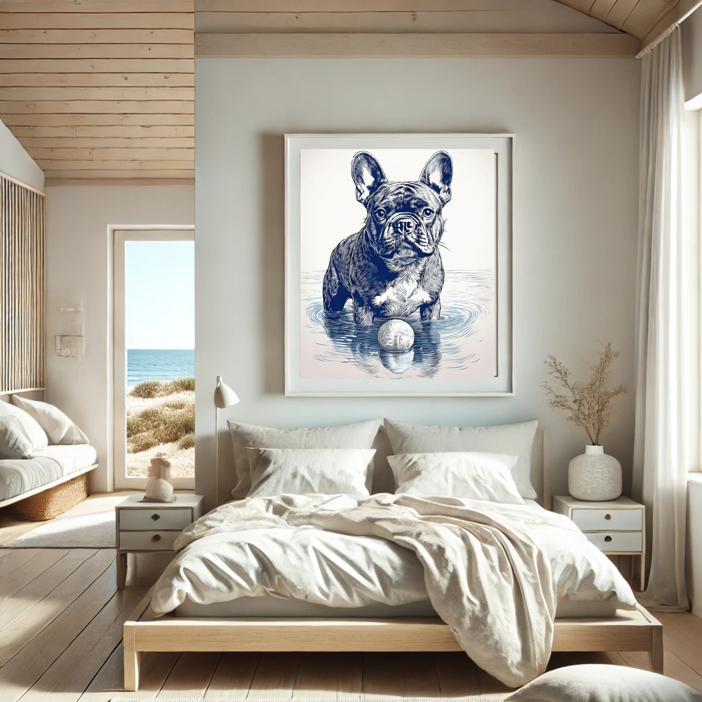 French Bulldog Ink Illustration – “Frenchie by the Water"