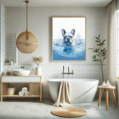 French Bulldog Swimming in Calm Ocean Waters – Coastal Dog Art Print