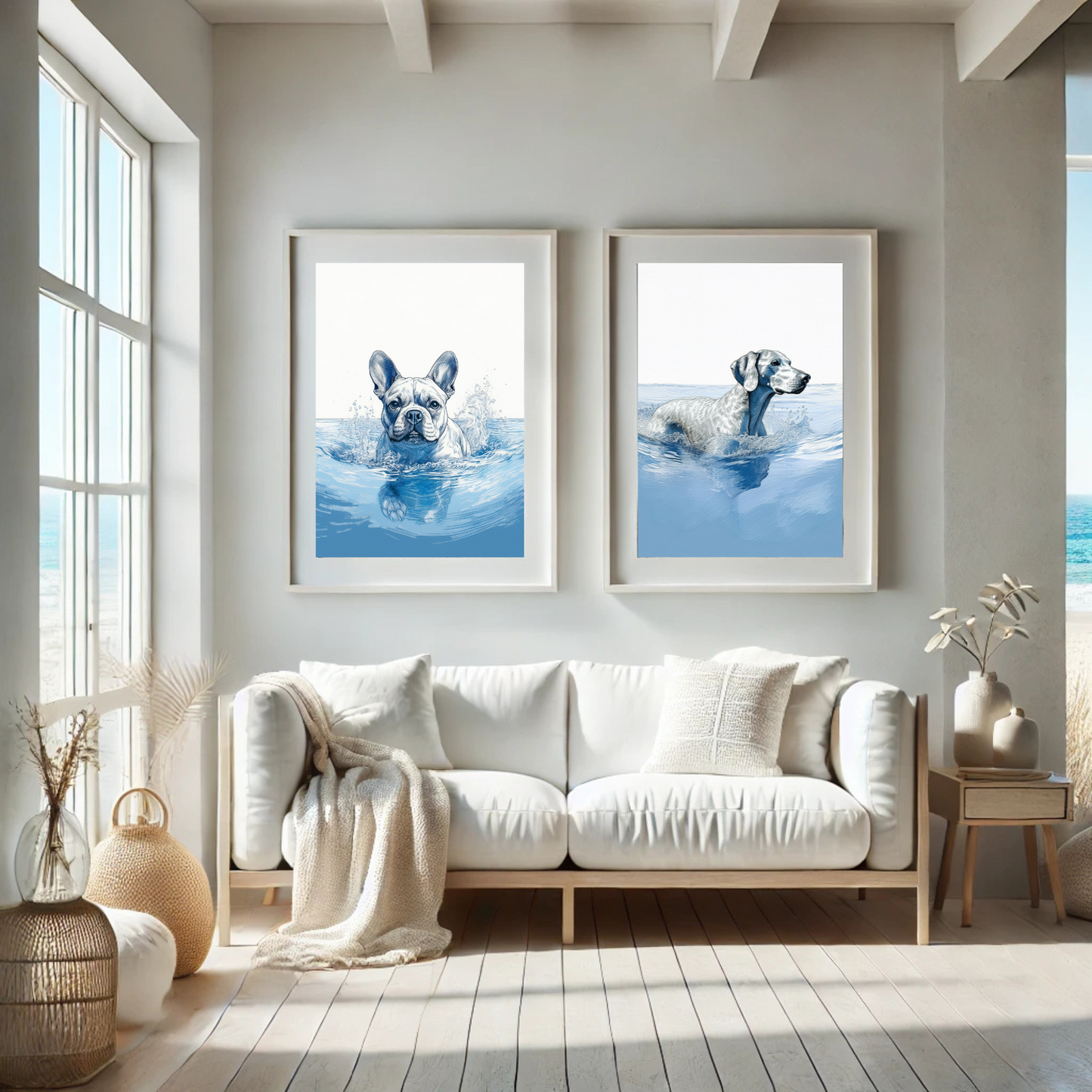 French Bulldog Swimming in Calm Ocean Waters – Coastal Dog Art Print