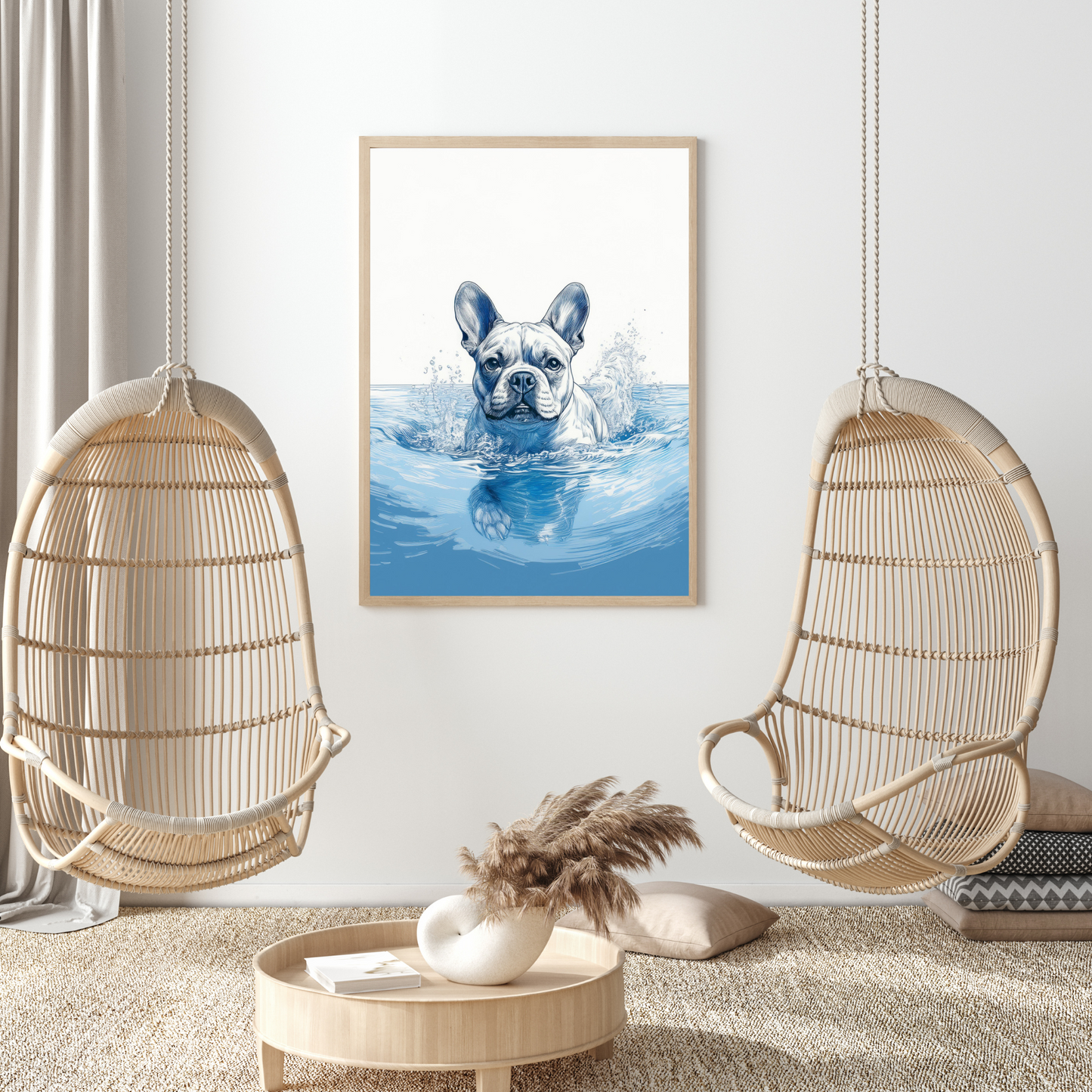 French Bulldog Swimming in Calm Ocean Waters – Coastal Dog Art Print