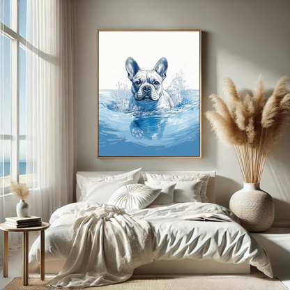 French Bulldog Swimming in Calm Ocean Waters – Coastal Dog Art Print