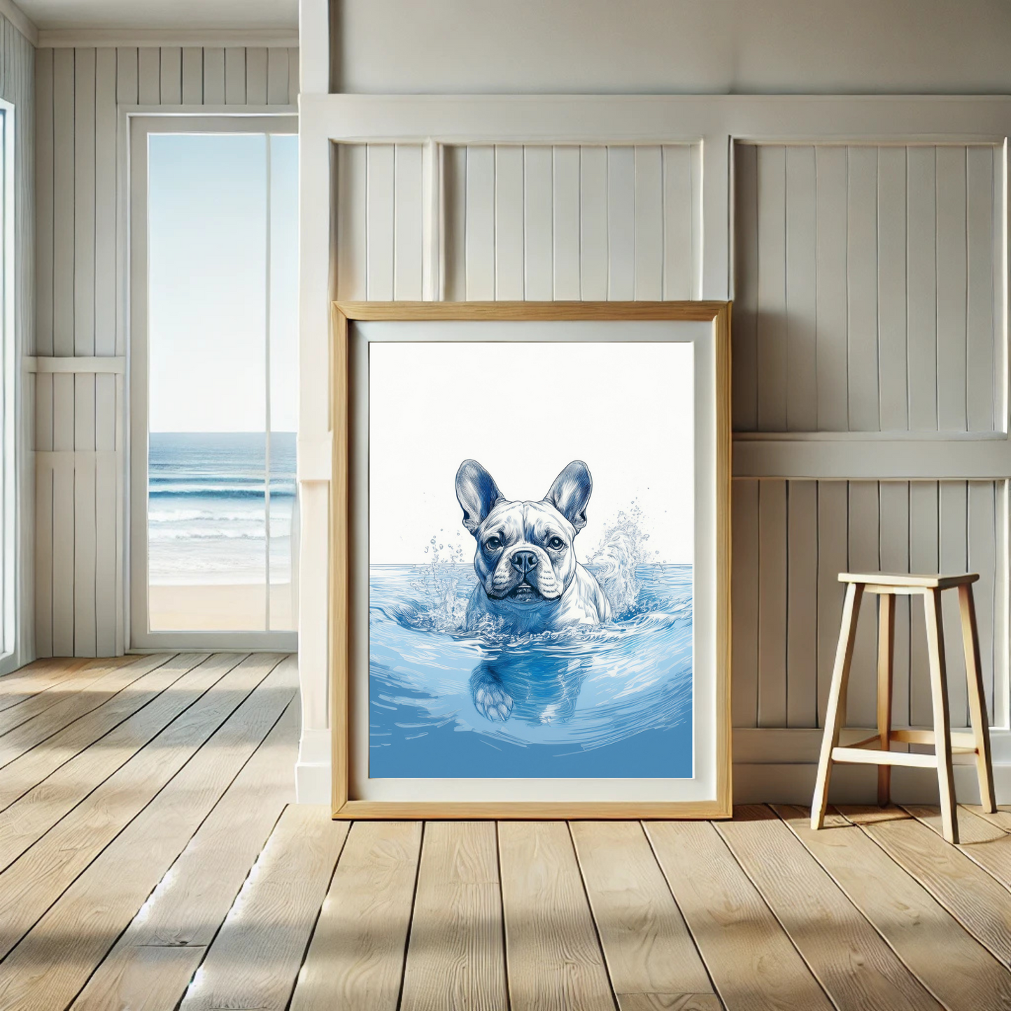 French Bulldog Swimming in Calm Ocean Waters – Coastal Dog Art Print