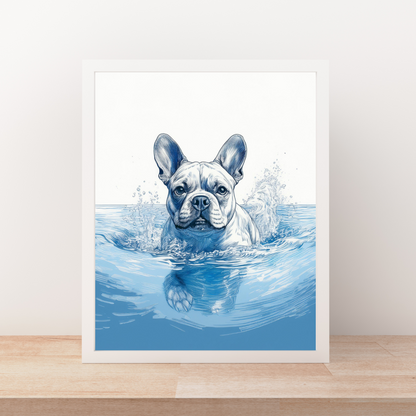 French Bulldog Swimming in Calm Ocean Waters – Coastal Dog Art Print