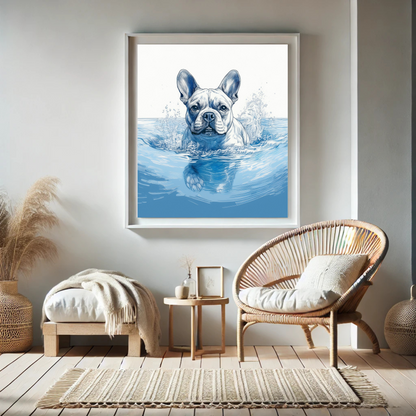 French Bulldog Swimming in Calm Ocean Waters – Coastal Dog Art Print