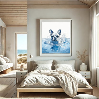 French Bulldog Swimming in Calm Ocean Waters – Coastal Dog Art Print