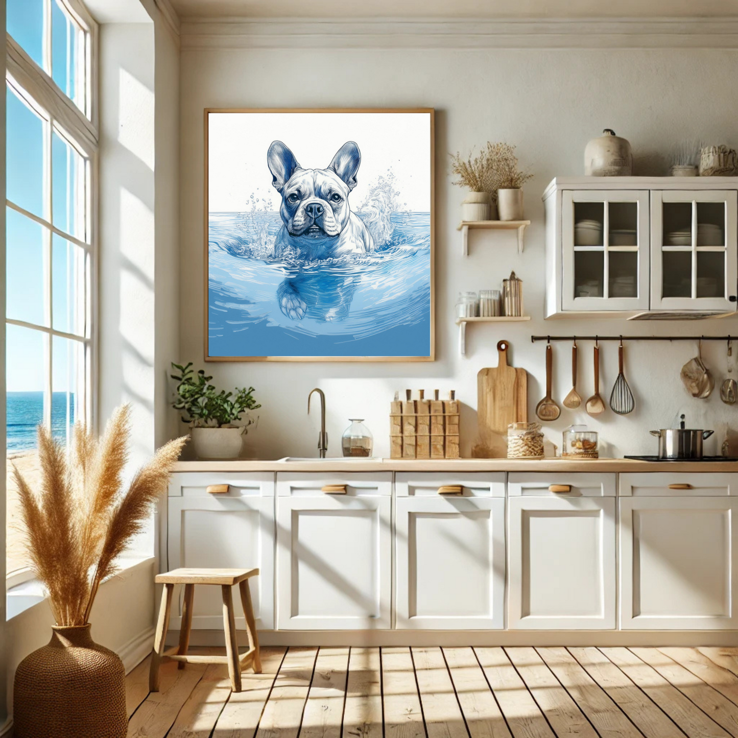 French Bulldog Swimming in Calm Ocean Waters – Coastal Dog Art Print