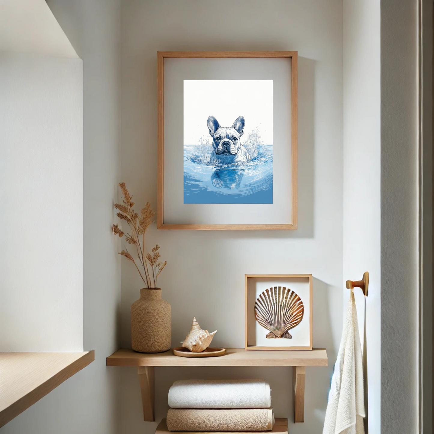 French Bulldog Swimming in Calm Ocean Waters – Coastal Dog Art Print