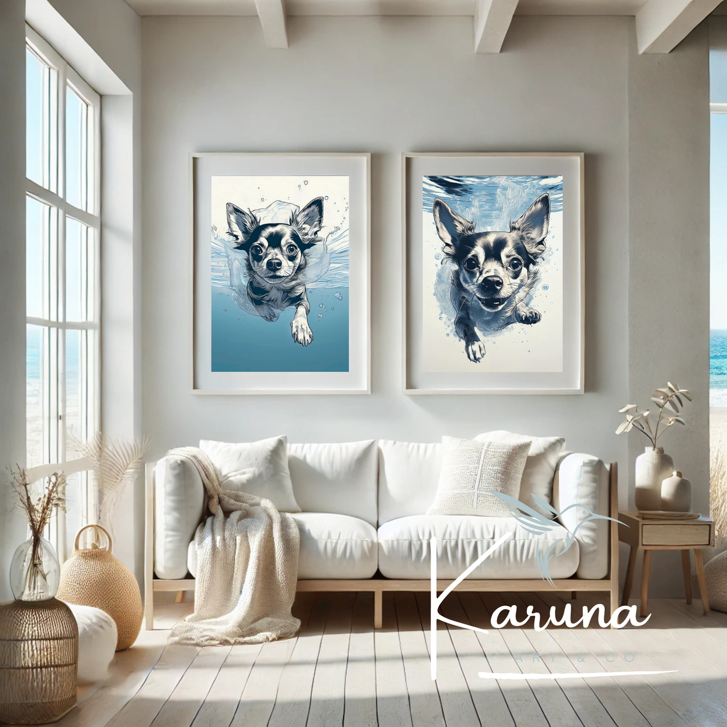 Chihuahua Underwater Wall Art – Minimalist Coastal Dog Print | Custom Pet Portrait Available