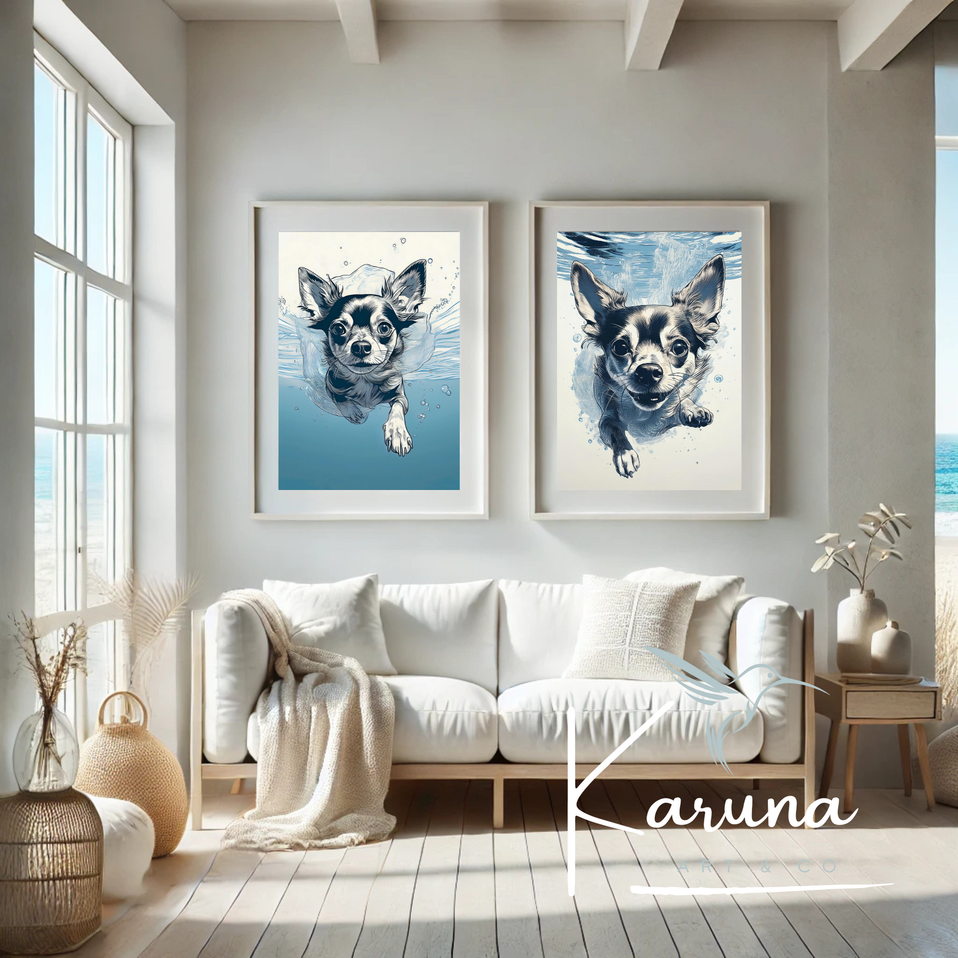 Chihuahua Underwater Wall Art – Minimalist Coastal Dog Print | Custom Pet Portrait Available