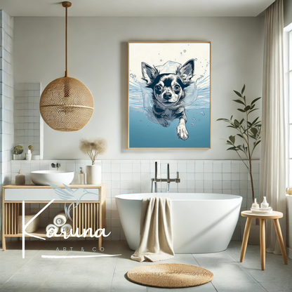 Chihuahua Underwater Wall Art – Minimalist Coastal Dog Print | Custom Pet Portrait Available