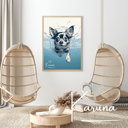 Chihuahua Underwater Wall Art – Minimalist Coastal Dog Print | Custom Pet Portrait Available