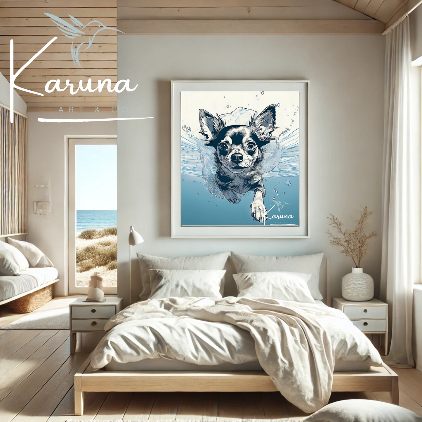 Chihuahua Underwater Wall Art – Minimalist Coastal Dog Print | Custom Pet Portrait Available