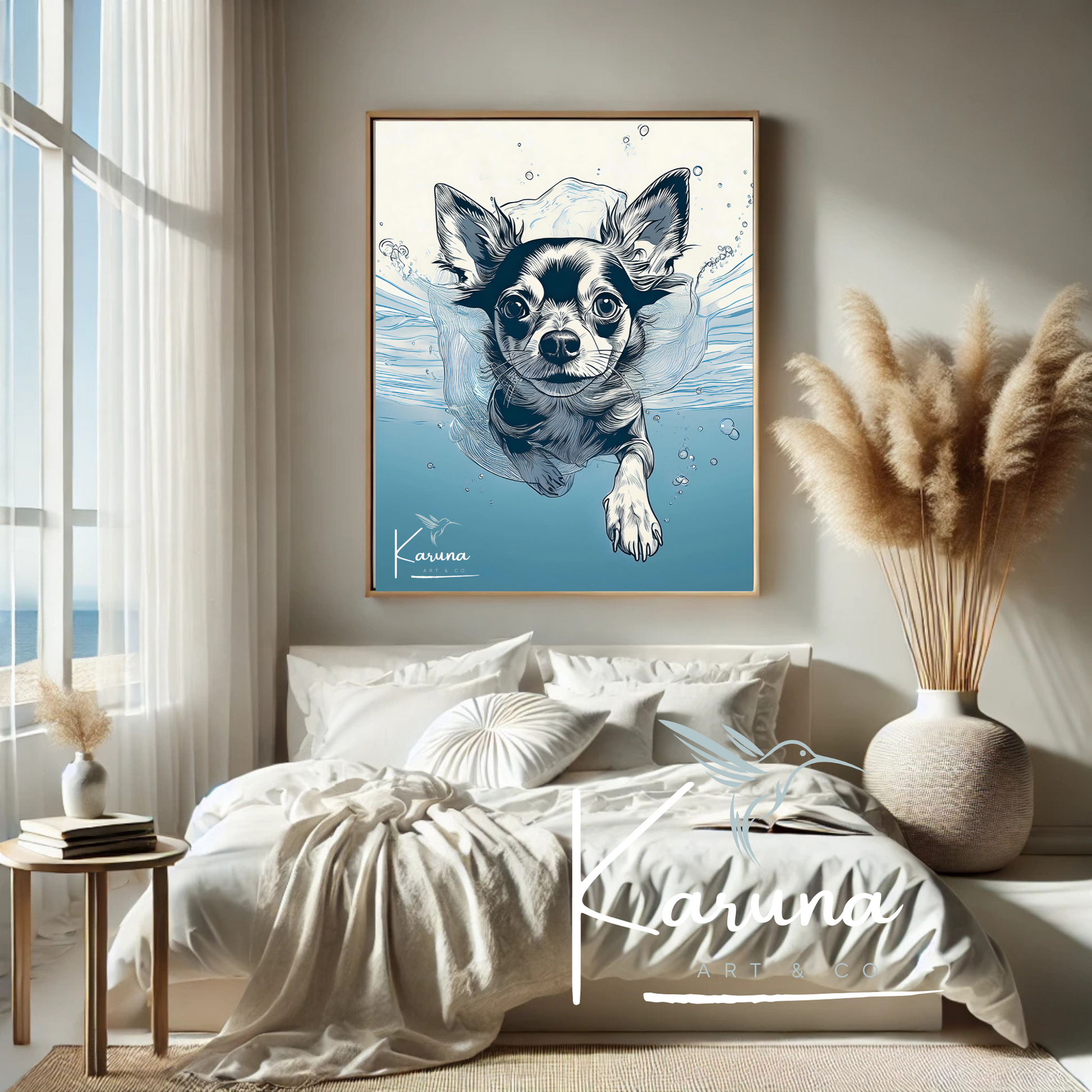 Chihuahua Underwater Wall Art – Minimalist Coastal Dog Print | Custom Pet Portrait Available