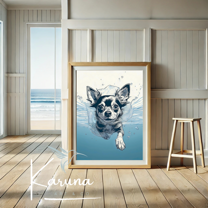 Chihuahua Underwater Wall Art – Minimalist Coastal Dog Print | Custom Pet Portrait Available