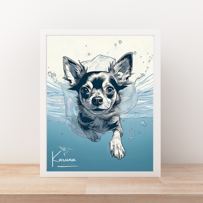 Chihuahua Underwater Wall Art – Minimalist Coastal Dog Print | Custom Pet Portrait Available