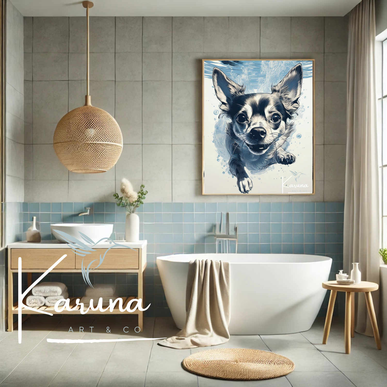 Chihuahua Underwater Wall Art – Minimalist Coastal Dog Print | Custom Pet Portrait Available