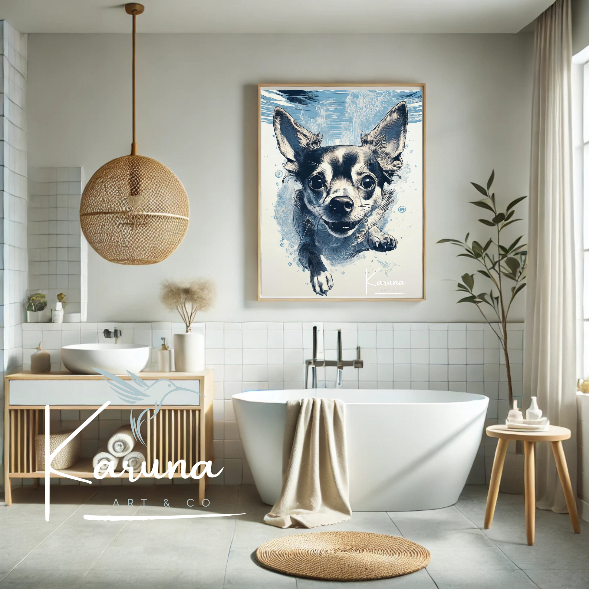 Chihuahua Underwater Wall Art – Minimalist Coastal Dog Print | Custom Pet Portrait Available