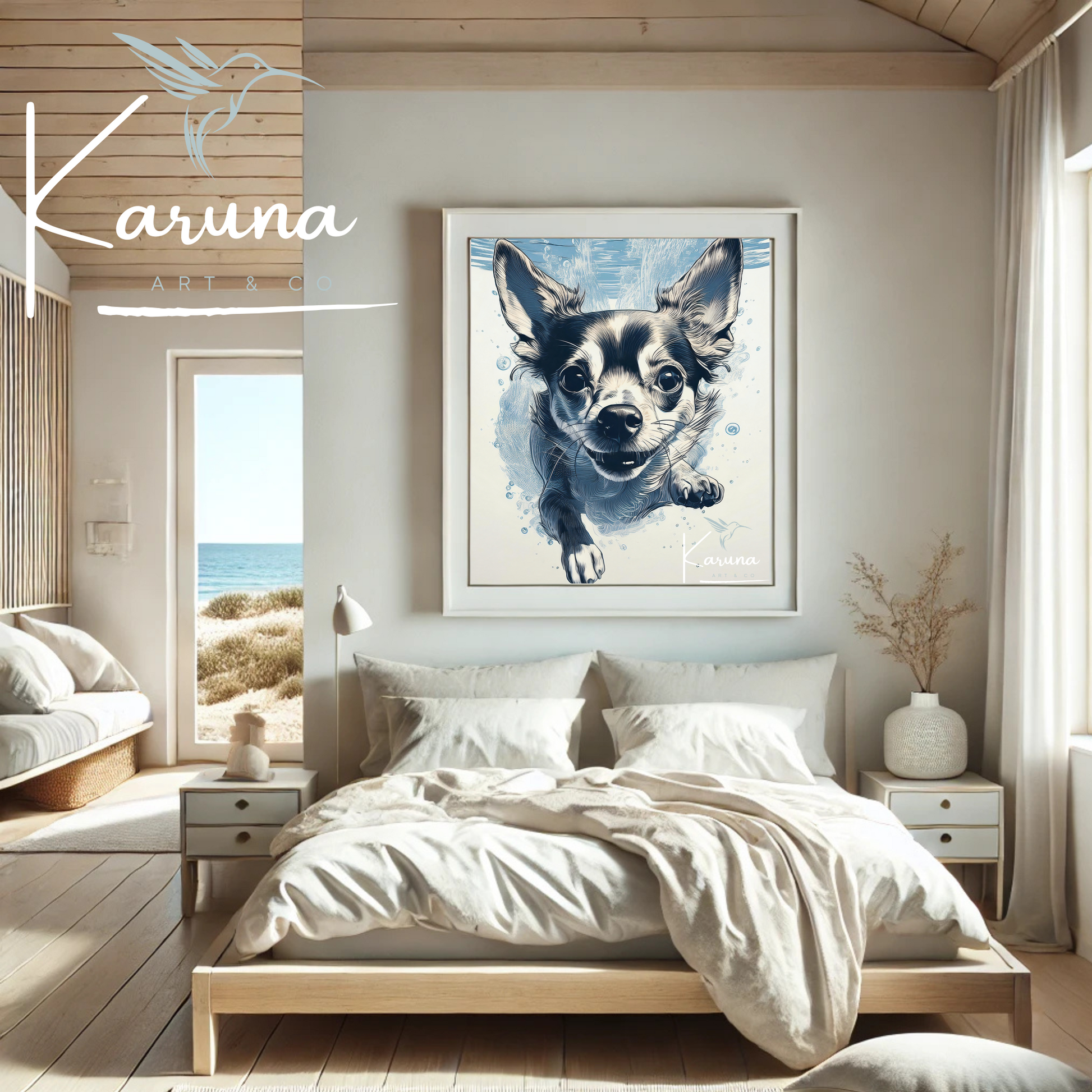 Chihuahua Underwater Wall Art – Minimalist Coastal Dog Print | Custom Pet Portrait Available