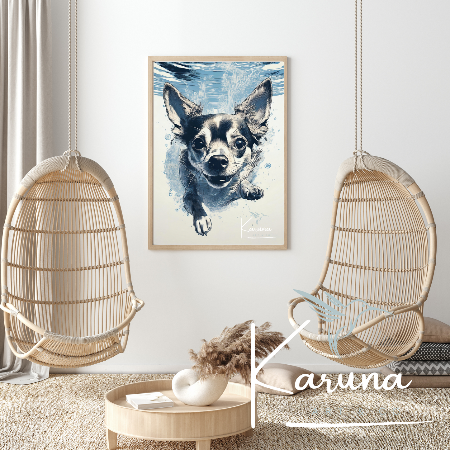 Chihuahua Underwater Wall Art – Minimalist Coastal Dog Print | Custom Pet Portrait Available