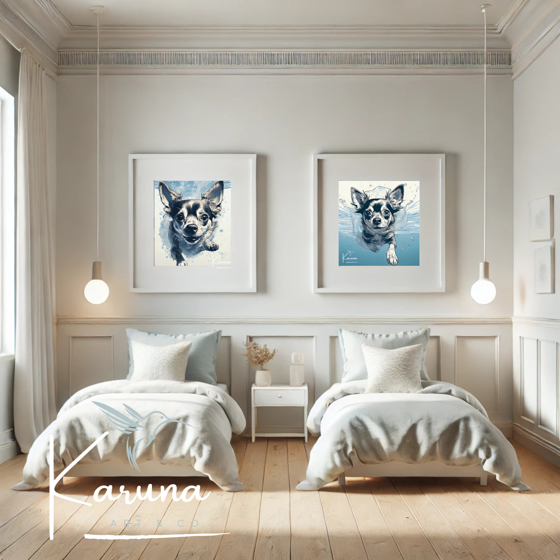 Chihuahua Underwater Wall Art – Minimalist Coastal Dog Print | Custom Pet Portrait Available