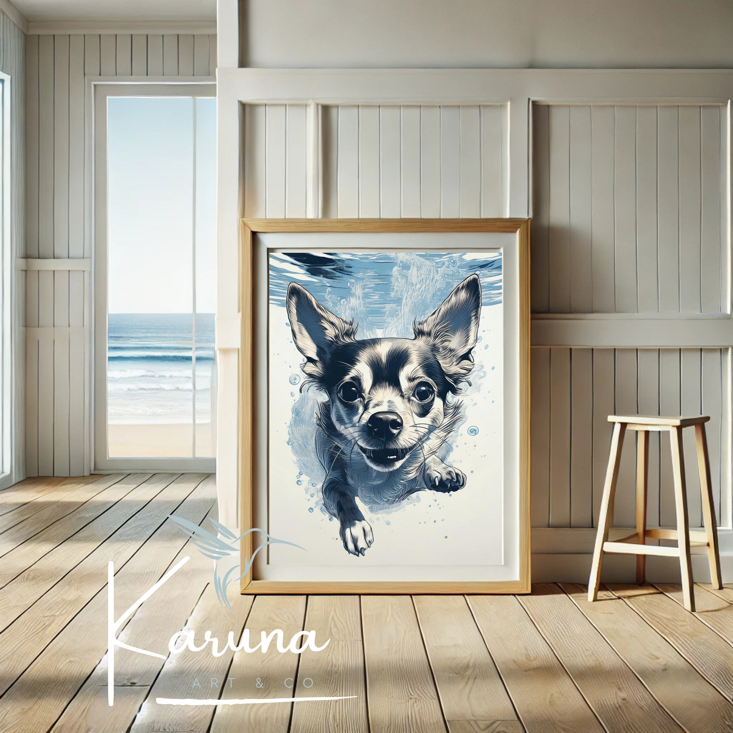 Chihuahua Underwater Wall Art – Minimalist Coastal Dog Print | Custom Pet Portrait Available