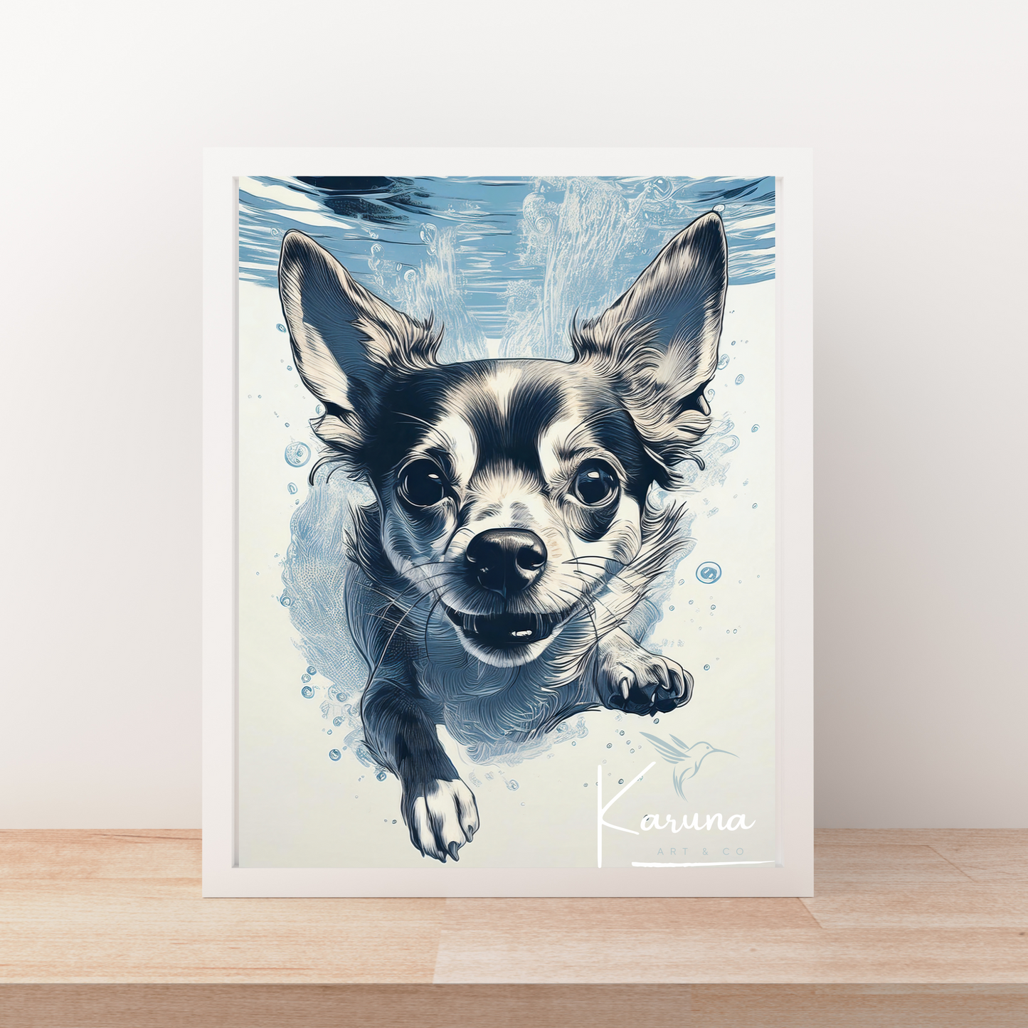 Chihuahua Underwater Wall Art – Minimalist Coastal Dog Print | Custom Pet Portrait Available