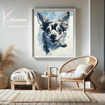 Chihuahua Underwater Wall Art – Minimalist Coastal Dog Print | Custom Pet Portrait Available