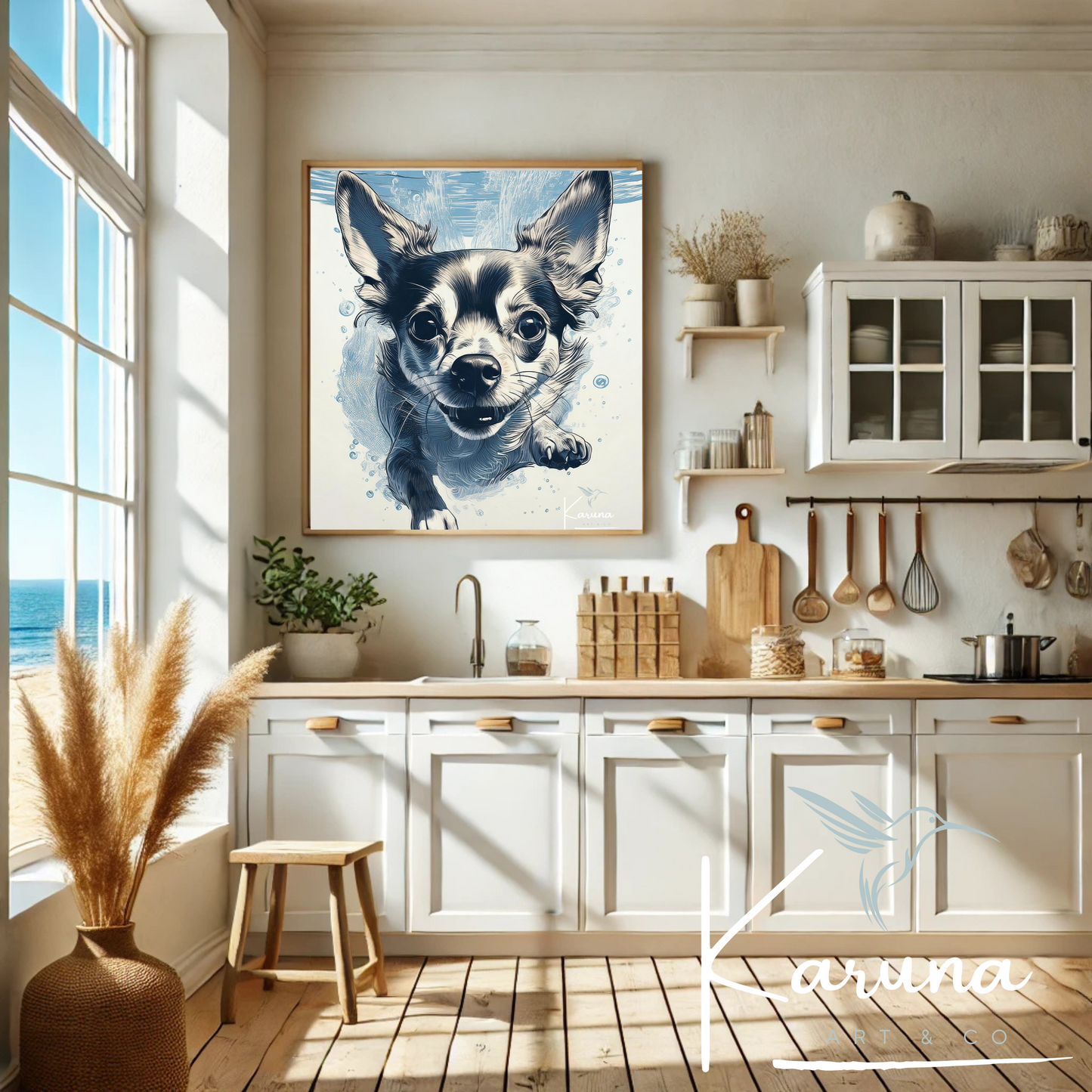 Chihuahua Underwater Wall Art – Minimalist Coastal Dog Print | Custom Pet Portrait Available