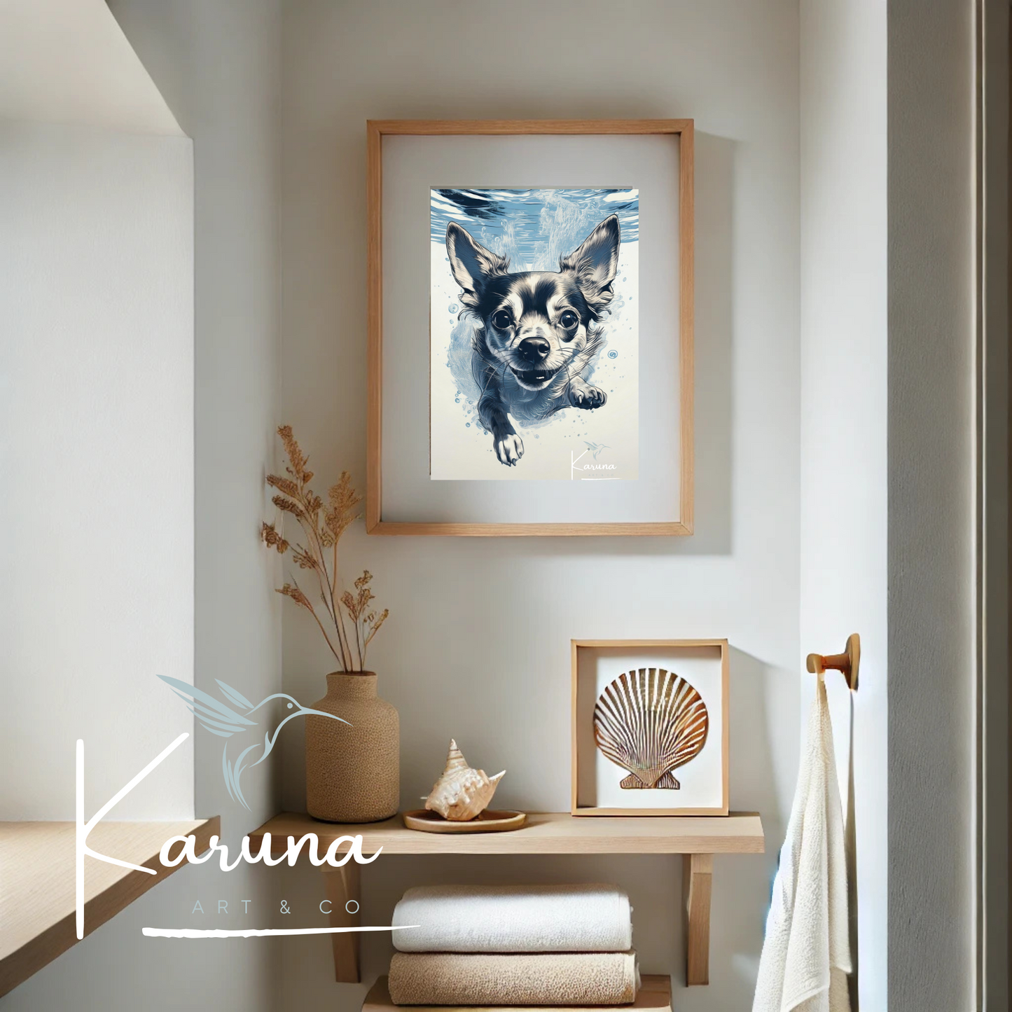 Chihuahua Underwater Wall Art – Minimalist Coastal Dog Print | Custom Pet Portrait Available