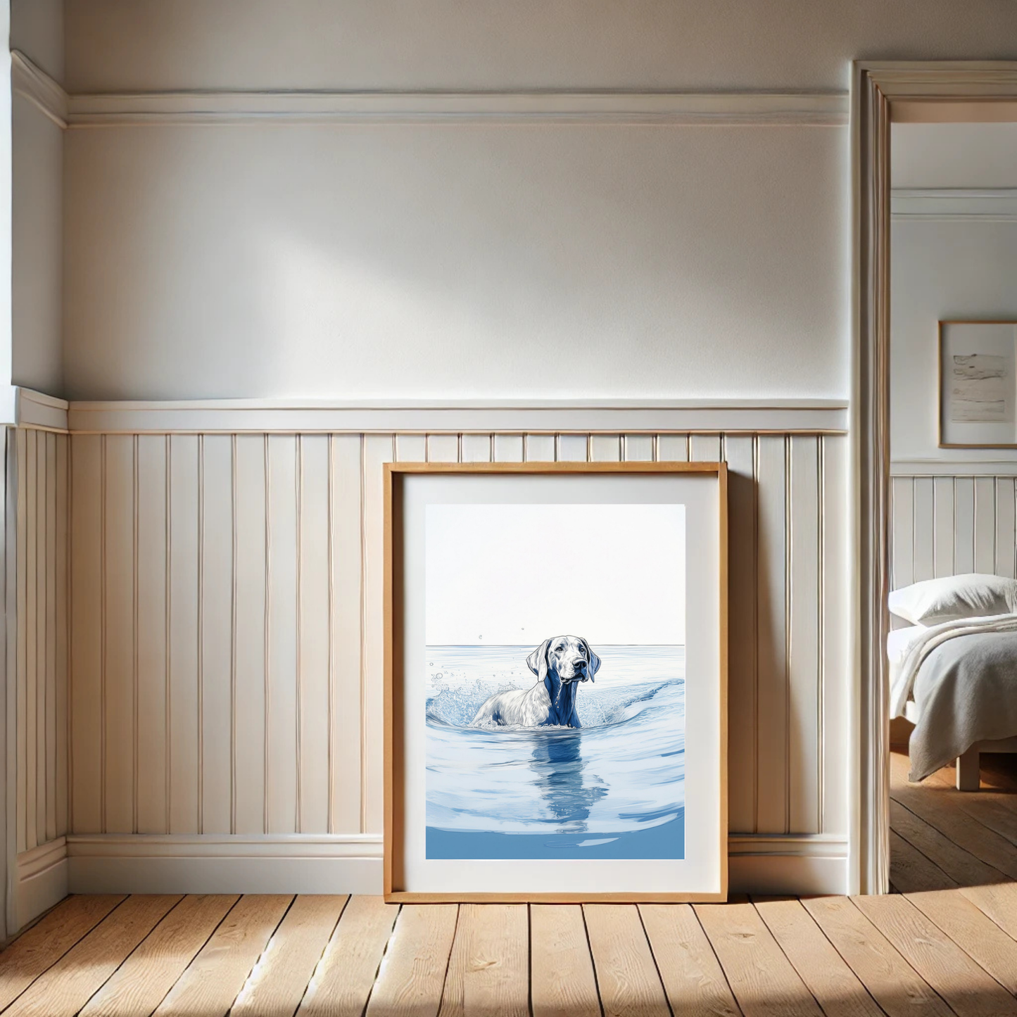 Weimaraner Swimming in Calm Ocean Water - Coastal Dog Art Print